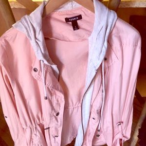 Torrid utility jacket, pink with grey cotton hood